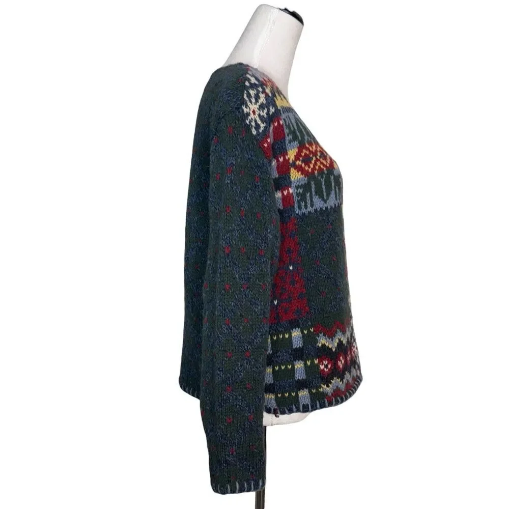 Vtg Liz Claiborne 100% Wool Granny Sweater MP Patchwork Hearts Winter Hand Knit - Picture 3 of 6